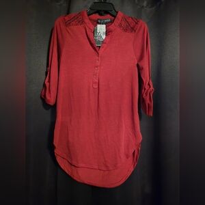 Almost Famous NWT Crochet Yoke Henley Top | Juniors M | Burgundy Boho